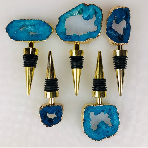 Blue Crystal Quartz Druzy Geode gold plated wine bottle stopper topper stone - Picture 3 of 11